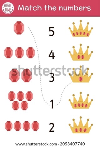 Match the numbers game with crown and gem stones. Fairytale math activity for preschool children. Magic kingdom educational printable counting worksheet for kids
