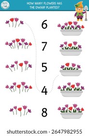 Match the numbers game with garden dwarf. Magic garden math printable activity for preschool kid. Fairytale educational counting worksheet with flowers in bed