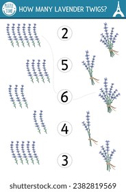 Match the numbers game with lavender bunch. Math activity for preschool kids with traditional French flower. France plant educational counting worksheet. How many twigs page for children
