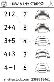 Match the numbers game with stripy shirt. Math activity for kids with traditional French clothes. France educational counting line worksheet. How many stripes coloring page for children
