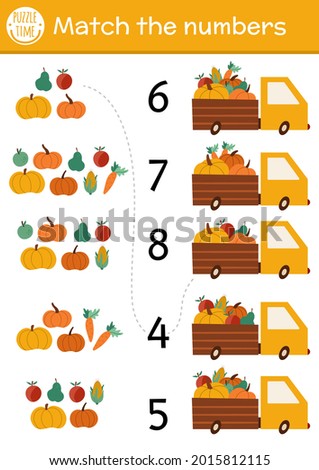 Match the numbers game with van and harvest. Autumn farm math activity for preschool children with cute vegetables and fruit. Educational printable counting worksheet for kids
