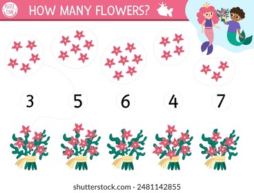 Match the numbers mermaid game with merman giving seaweed flower bouquet to sea princess. Fairytale ocean kingdom math activity for kids. Marine educational counting worksheet
