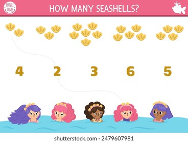 Match the numbers mermaid game with princess in water wearing headbands with seashells. Fairytale ocean kingdom math activity for preschool kids. Marine educational counting worksheet
