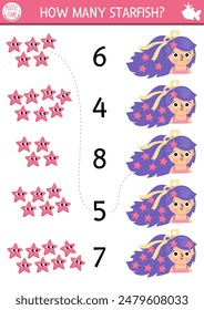 Match the numbers mermaid game with princess and starfish in her hair. Fairytale ocean kingdom math activity for preschool kids. Marine educational counting worksheet with head accessory, decoration
