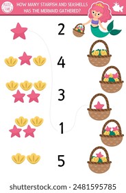 Match the numbers mermaid game with princess gathering starfish, seashells. Fairytale ocean kingdom math activity for preschool kids. Marine educational counting worksheet with sea fruit baskets
