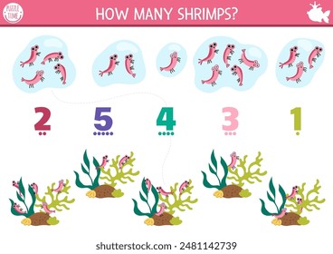 Match the numbers mermaid game with shrimps in the seaweeds. Fairytale ocean kingdom math activity for preschool kids. Marine educational counting worksheet with sea animals
