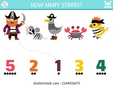 Match the numbers pirate game with animals in striped shirts. Treasure island hunt math activity for preschool kids. Sea adventures educational printable counting worksheet
