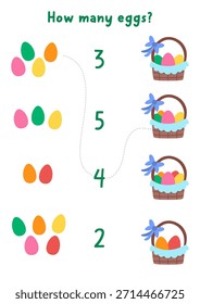 Combina los números del simple juego de Pascua con canastas y huevos de colores. Actividad de matemáticas de primavera para niños en edad preescolar. Hoja de trabajo de conteo educativo con símbolos de vacaciones