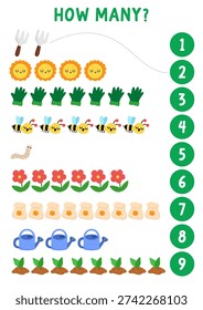Match the numbers simple garden game with traditional symbols. Spring math activity for preschool kids. Educational counting worksheet with sun, bee, flower, watering can, baby plant, worm