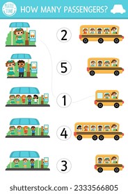 Entspricht den Zahlen Transport Spiel mit Schulbus. Städtische Transportmathematik für Vorschulkinder. Lernzettel mit süßem Busbahnhof, Schüler. Wie viele Passagiere
