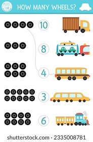 Entspricht den Zahlen Transport Spiel mit Fahrzeugen. Städtische Transportmathematik für Vorschulkinder. Lernzettel mit süßem LKW, Schulbus, Limo, Zug. Wie viele Räder
