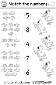 Match the numbers under the sea black and white game with pelican eating fish. Ocean life line math activity for preschool kids. Marine counting coloring page with cute water animals and bird
