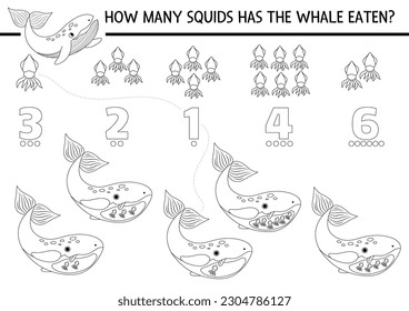 Match the numbers under the sea black and white game with whale eating squid. Ocean life line math activity for kids. Marine educational counting worksheet, coloring page with water animals
