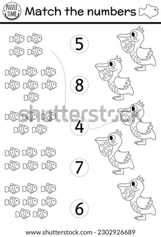 Match the numbers under the sea black and white game with pelican eating fish. Ocean life line math activity for preschool kids. Marine counting coloring page with cute water animals and bird

