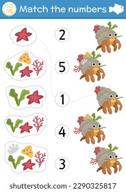 Match the numbers under the sea game with hermit crab and his shell house. Ocean life math activity for preschool kids. Marine educational counting worksheet with cute water animal

