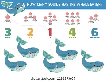 Coincide con los números del juego marino con el calamar que come ballenas. Actividades de matemáticas de vida en el océano para niños de preescolar. Hoja de cálculo del recuento educativo marino con animales de agua tierna
