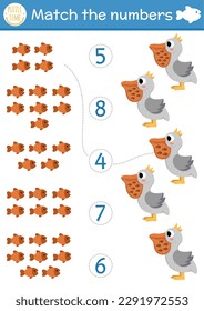 Match the numbers under the sea game with pelican eating fish. Ocean life math activity for preschool kids. Marine educational counting worksheet with cute water animals and bird
