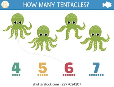 Coincide los números del juego marino con pulpo y tentáculos. Actividades de matemáticas de vida en el océano para niños de preescolar. Hoja de cálculo del recuento educativo marino con animales de agua tierna
