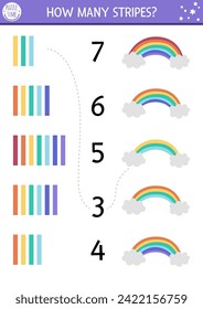 Match the numbers unicorn game with rainbow, clouds and colored stripes. Magic or fairytale math activity for preschool kids. Fantasy world or color learning educational counting worksheet 
