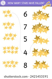 Match the numbers unicorn game with smiling fallen stars. Magic, fairytale or space math activity for preschool kids. Fantasy world educational counting worksheet 
