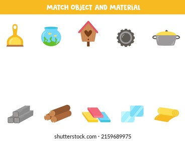 Match object and material. What it is made of worksheet. Educational logical game for kids.