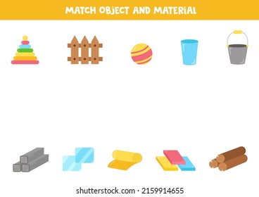 Match object and material. What it is made of worksheet. Educational logical game for kids.