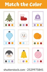 Match the objects with the same color. Christmas and winter objects. Color sorting game. Printable worksheets activities preschool education. Logical game early development.