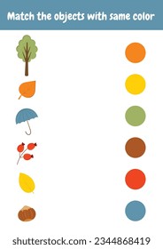 Match the objects with the same color. Color sorting game. Printable worksheets activities preschool education, kindergarten, homeschooling, pedagogical. Logical game early development. Autumn objects