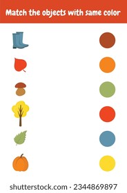 Match the objects with the same color. Color sorting game. Printable worksheets activities preschool education, kindergarten, homeschooling, pedagogical. Logical game early development. Autumn objects