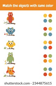 Match the objects with the same color. Color sorting game. Printable worksheets activities preschool education, kindergarten, homeschooling, pedagogical. Logical game early development. 