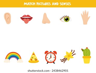 Match objects and senses. Educational logical game for kids. Five senses worksheet.