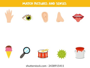 Match objects and senses. Educational logical game for kids. Five senses worksheet.