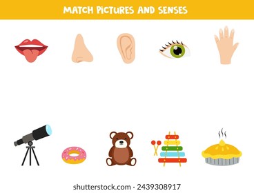 Match objects and senses. Educational logical game for kids. Five senses worksheet.