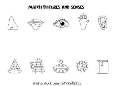 Match objects and senses. Five senses worksheet. Black and white edition.