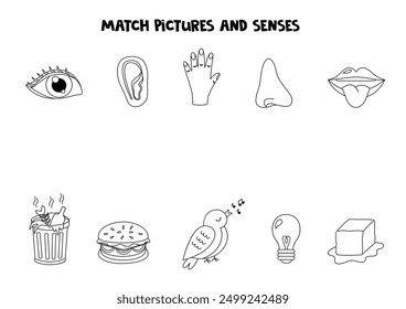 Match objects and senses. Five senses worksheet. Black and white edition.