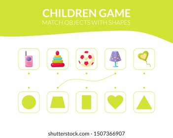 Match Objects with Shapes Educational Game for Kids Vector Illustration