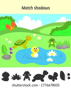 Match objects and their shadows. Educational game for children. Cute duck, frog, turtle near the lake.