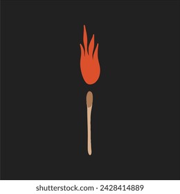 Match on fire, flame. Hot design. Hand drawn vector illustration isolated on black background.