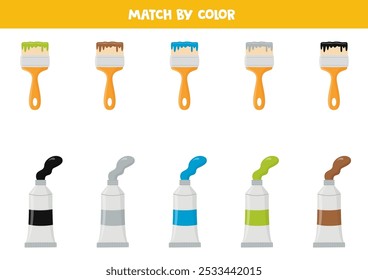 Combina pinceles y tubos de pintura por colores. Juego de lógica educativa para niños.