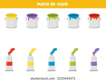 Match paint cans and paint tubes by colors. Educational logical game for kids.