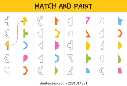 Match and paint game. Find other half of geometric figure. Logic puzzle with geometric shapes. Matching game. Educational game for children. Colorful vector illustration. Isolated on white background