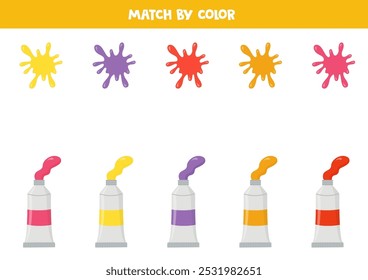 Combina las salpicaduras de pintura y los tubos de pintura por colores. Juego de lógica educativa para niños.