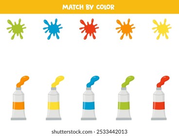 Combina las salpicaduras de pintura y los tubos de pintura por colores. Juego de lógica educativa para niños.