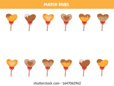 Match pairs of heart lollipops. Find two the same, logical game for kids.