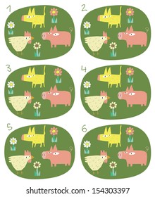 Match Pairs Visual Game: Animals. Task: find two identical images! Answer: 1 and 6. Illustration is in eps8 vector mode!