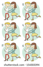 Match Pairs Visual Game: Dance. Task: find two identical images! Answer: 4 and 5. Illustration is in eps8 vector mode!