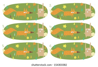 Match Pairs Visual Game: Fox and Rabbit. Task: find two identical images! Answer: 4 and 5. Illustration is in eps8 vector mode!