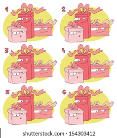 Match Pairs Visual Game: Gifts. Task: find two identical images! Answer: 1 and 6. Illustration is in eps8 vector mode!