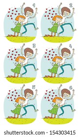 Match Pairs Visual Game: Romance. Task: find two identical images! Answer: 3 and 6. Illustration is in eps8 vector mode!