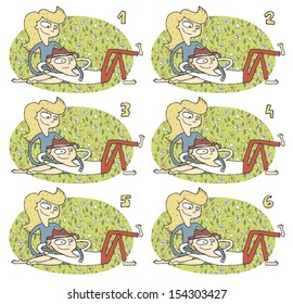 Match Pairs Visual Game: Romance. Task: find two identical images! Answer: 2 and 5. Illustration is in eps8 vector mode!